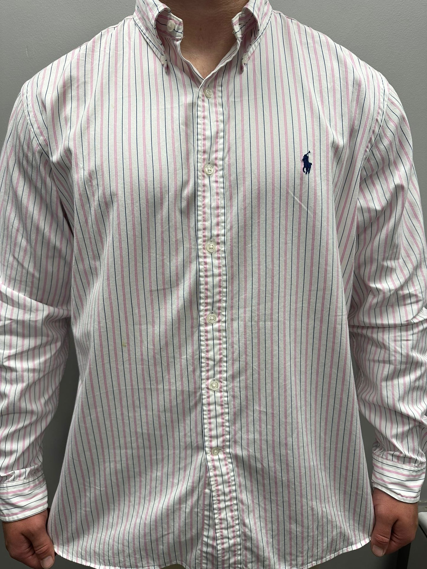 Ralph Lauren Oxford Shirt – White with Pink & Blue Stripes – Size 17.5 – Grade A